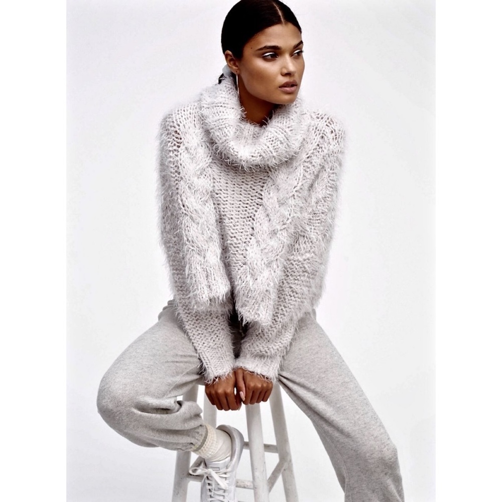 Free People Fuzzy Chunky Cable Knit Turtleneck